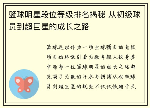 篮球明星段位等级排名揭秘 从初级球员到超巨星的成长之路
